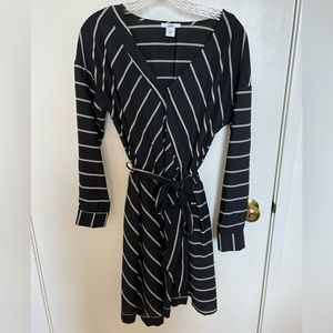 Bar III wrap dress in black with pin stripes